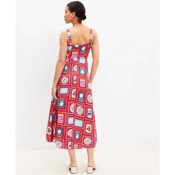 LOFT Can Print Linen Blend Strappy Midi Dress Square Neck Sleeveless Sundress - Picture 2 of 12
